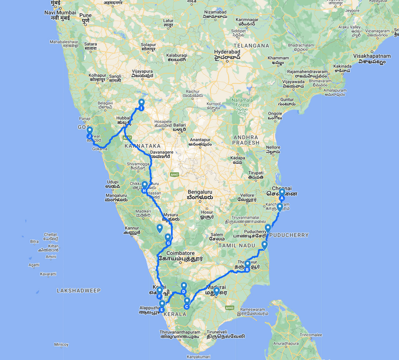 Comprehensive South India Tour Map