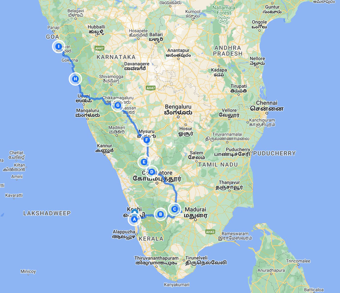 South India Motorcycle Tour Map